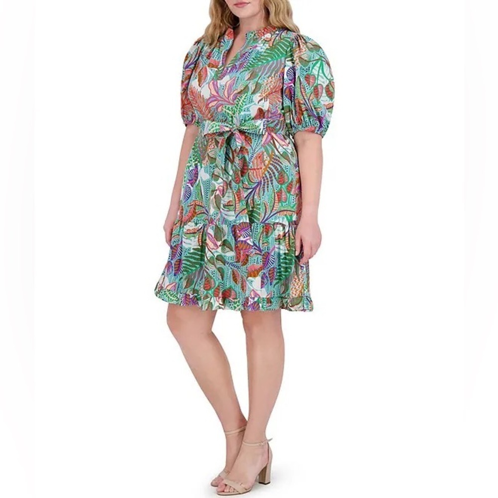 Vince Camuto Multicolor Teal Leaf Print Midi Dress Vibrant Tropical Vacation 4
